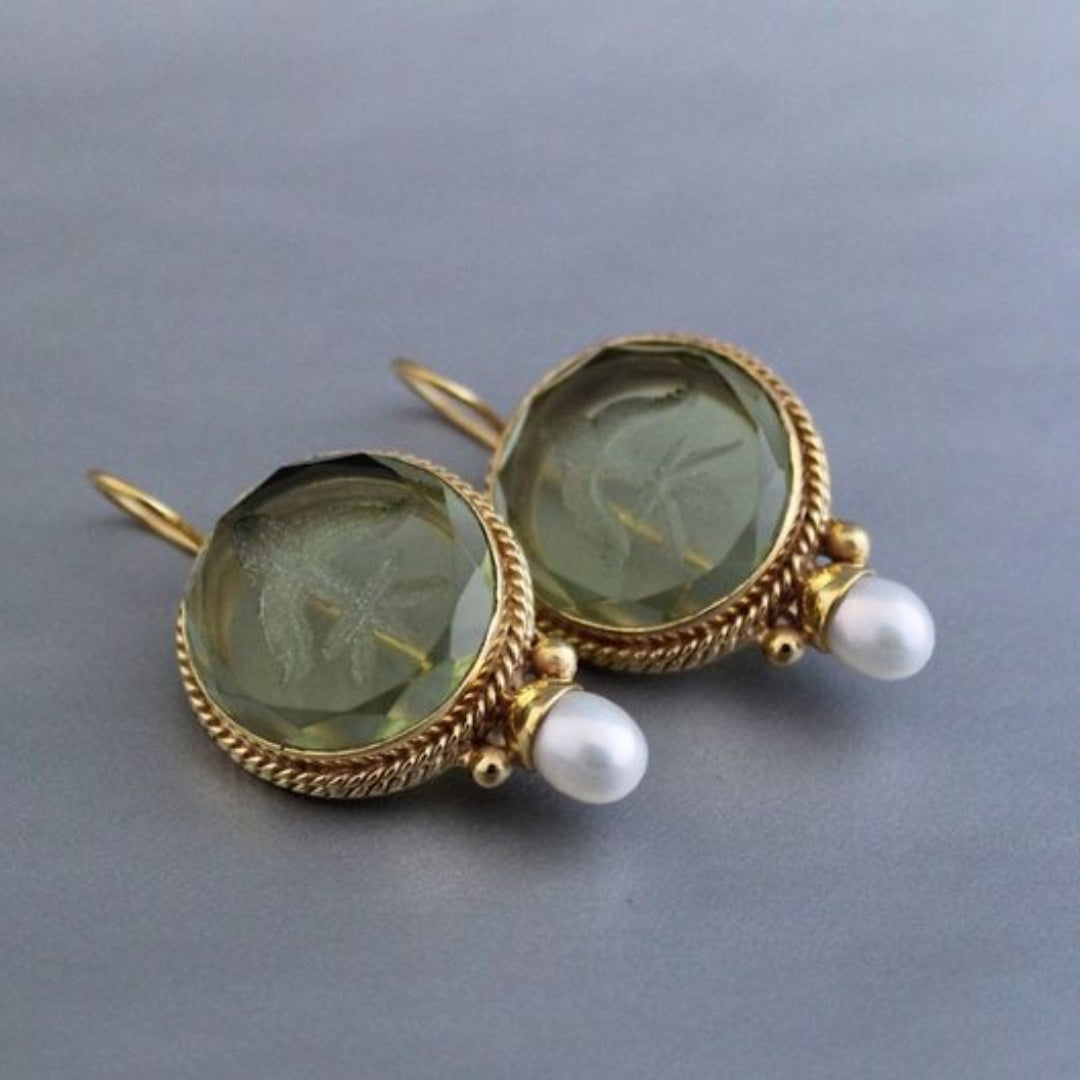 Vintage Earrings with Round Green Stone and Pearls