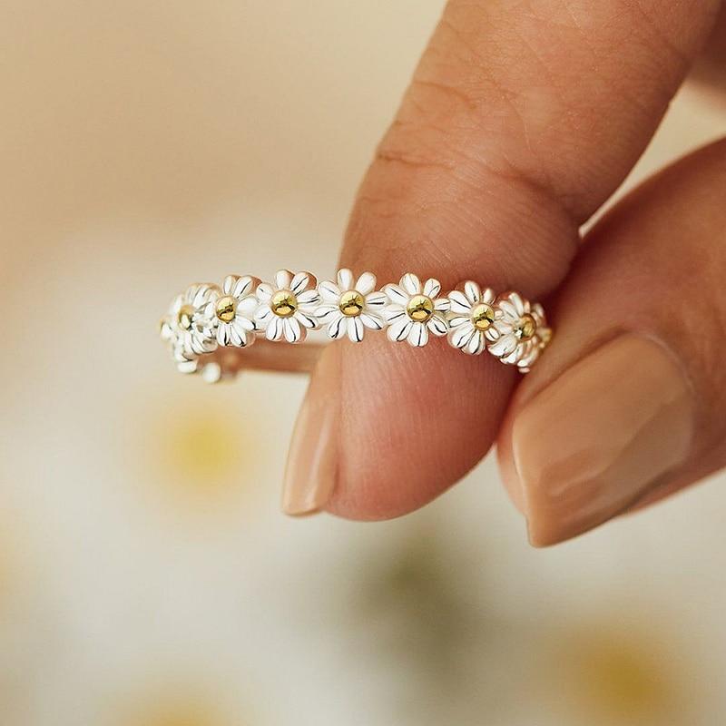 Adjustable Silver Daisy Ring Hand-Enameled