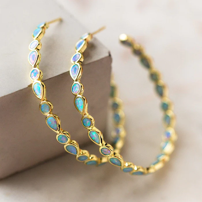 Vintage Blue Opal Gold Hoop Earrings